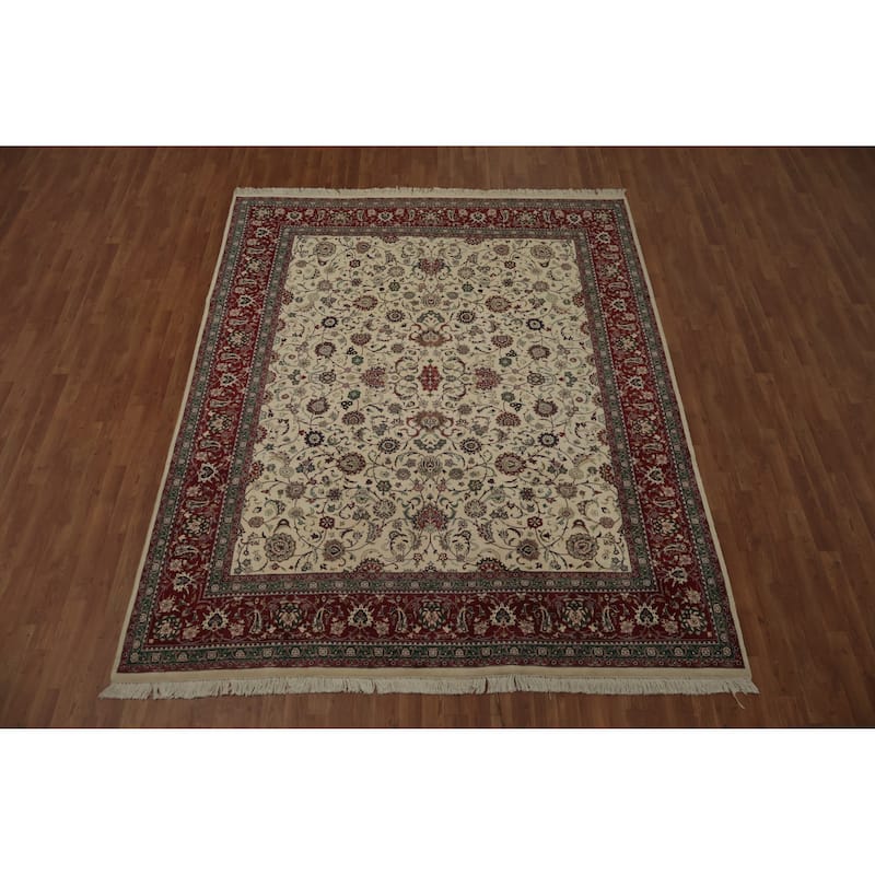 Hand Knotted Oriental 100% Wool Carpet Traditional All-Over Beige & Ivories Kashan Area Rug - 9' 10'' X 7' 11''