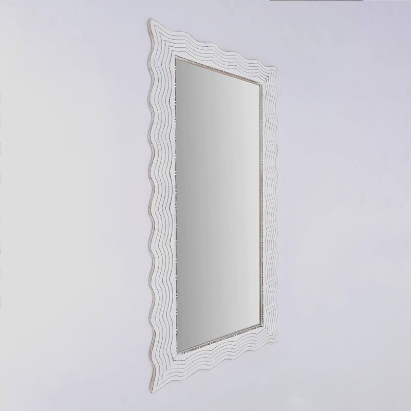 Rustic White Solid Wood Handcarved Wave Rectangle Mirror - Accent Decor - Antique White
