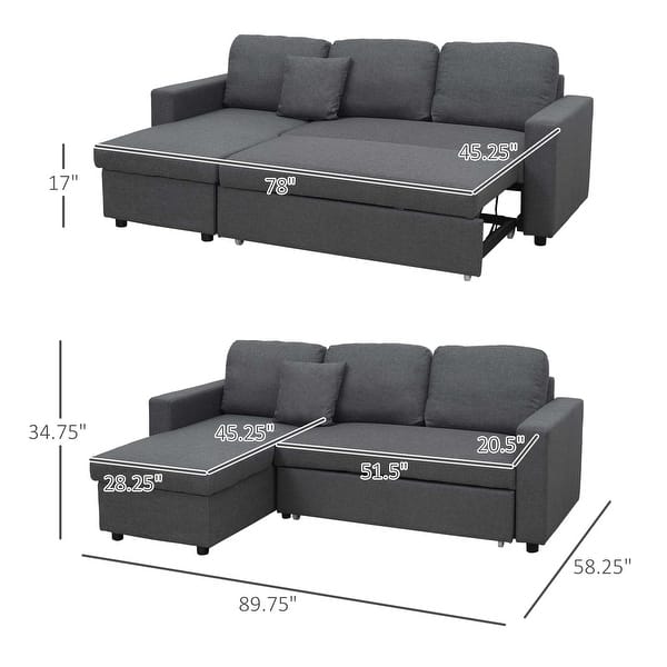 dimension image slide 1 of 2, HOMCOM Sectional Sleeper Sofa, Linen Fabric L Shaped Couch with Pull out Bed, Reversible Storage Chaise, 3-seat, Dark Grey