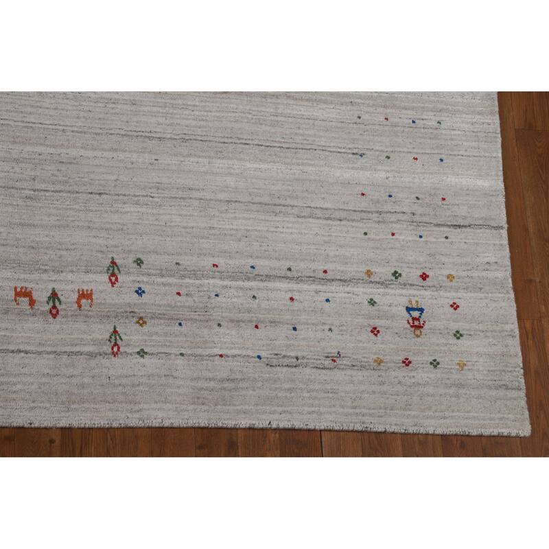 Silver Gray Striped Gabbeh Oriental Area Rug Hand-Knotted Silk Carpet - 9'3" x 11'7"