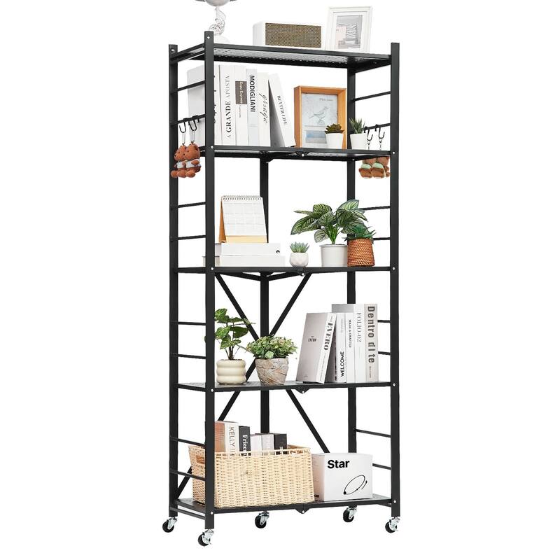Black Carbon Steel 5 Tier Folding Garage Storage Shelf with Casters and J-Hooks - 13 x 28 x 66 in