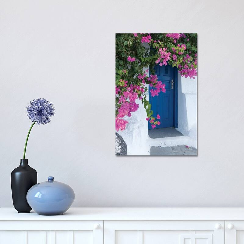 iCanvas "A Picturesque Blue Door Surrounded By Pink Bougainvillea, Firostefani, Santorini, Greece" by Brenda Tharp Canvas Print - 18x12x1.5