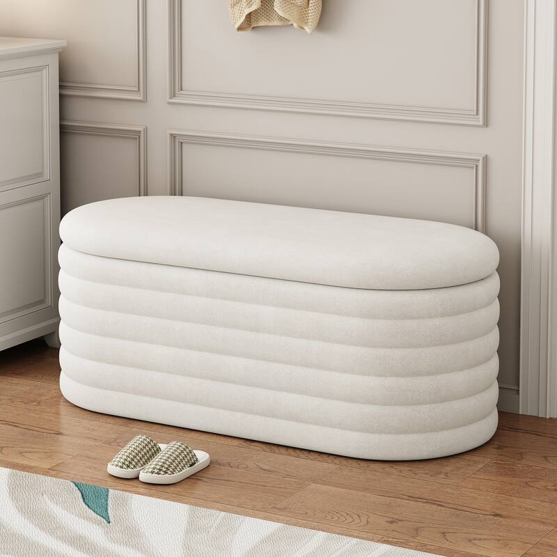 Storage Chenille Ottoman Bench Upholstered Fabric Storage Bench End Of Bed Stool With Safety Hinge