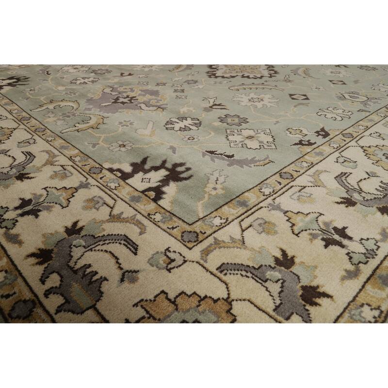 Green Floral Oushak Indian Area Rug Hand-Knotted Wool Carpet - 9'1"x 11'10"