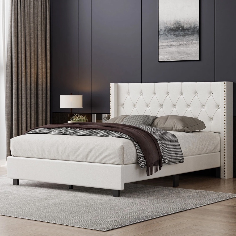 Upholstered Bed Frame Wingback Tufted Headboard Full White