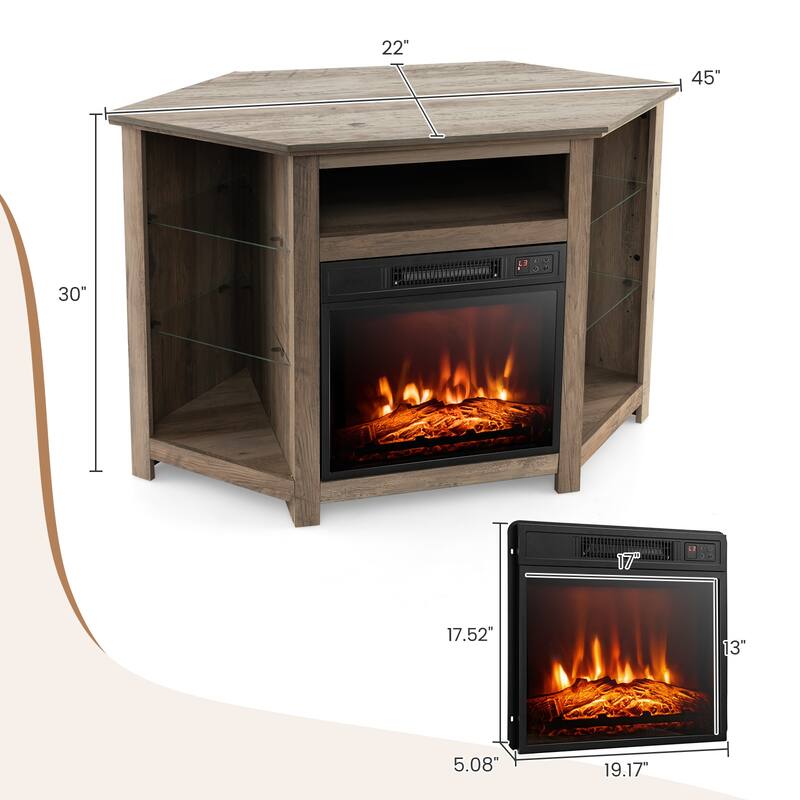 Electric Fireplace Corner TV Stand with LED Lights and Adjustable Glass Shelves - 45" x 22" x 30"