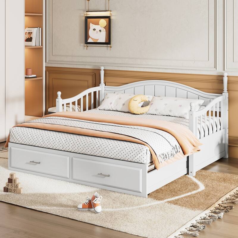 Wooden Twin Size Daybed with Twin Size Trundle, Extendable Daybed with Two Storage Drawers