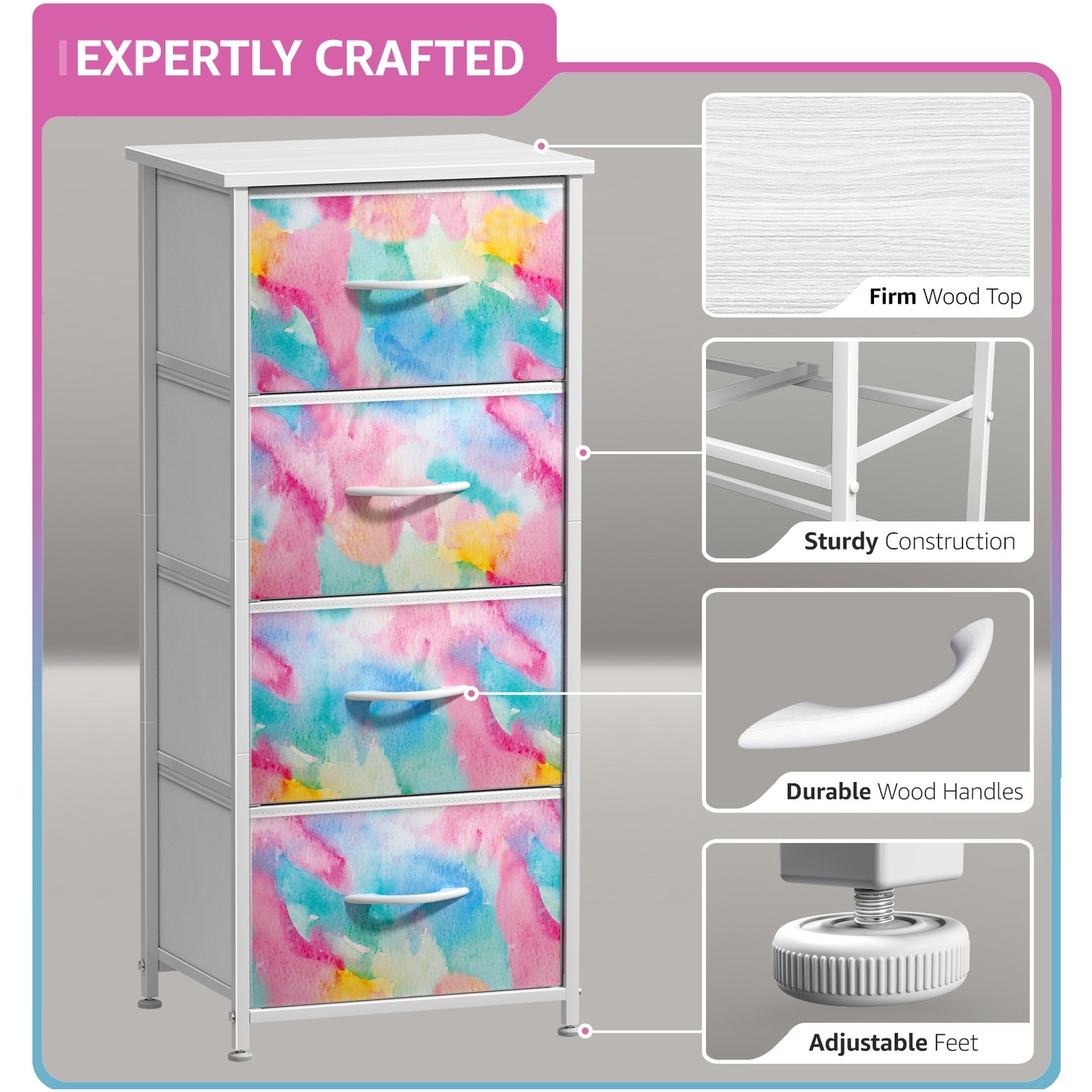 Tie-Dye Turquoise 4-Drawer Bedside Nightstand Dresser for Bedroom Storage-image