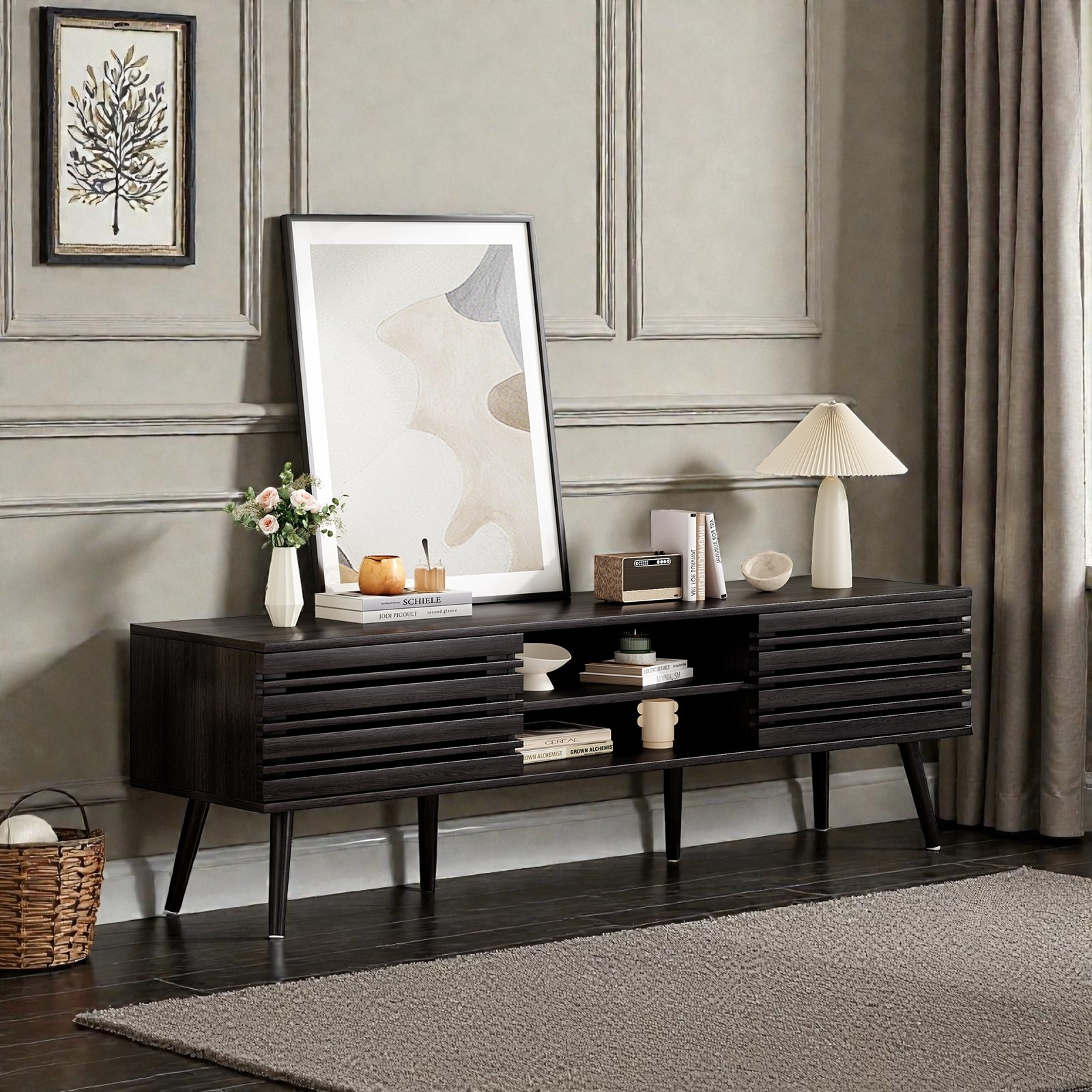 TV Stand for TVs up to 70", Fluted Wood Media Console with Storage Cabinets and Open Shelves for Living Room