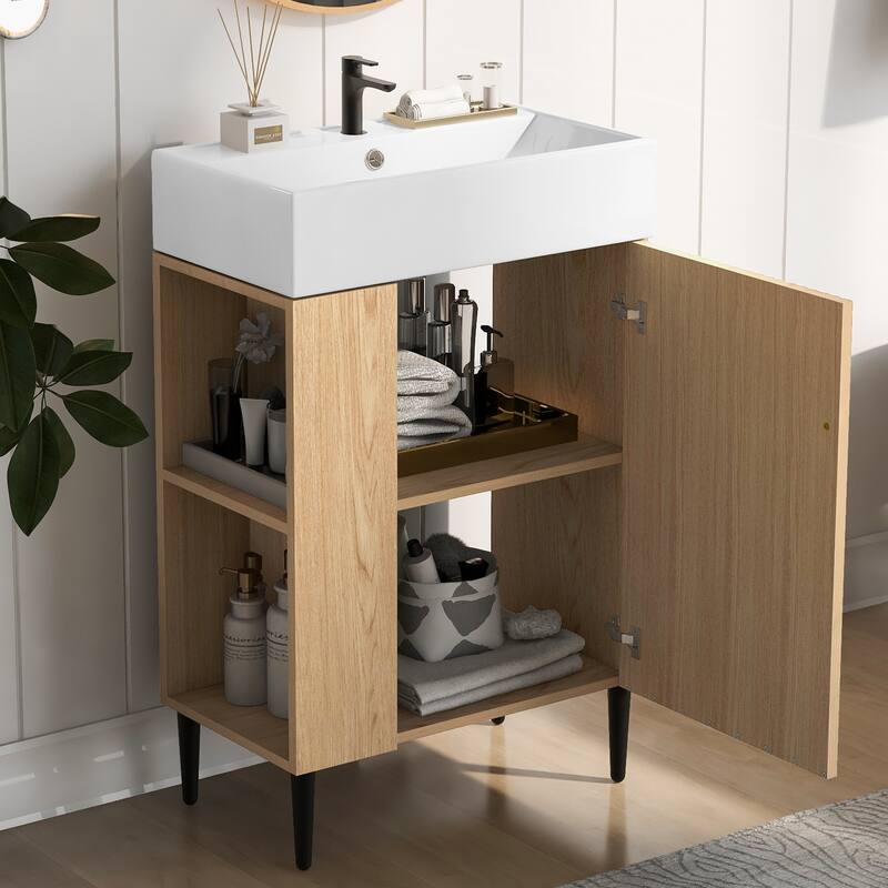 Bathroom Vanity with Sink, Freestanding Bathroom Vanity Cabinet, Storage Cabinet with Open Storage Shelf & Soft-Close Doors