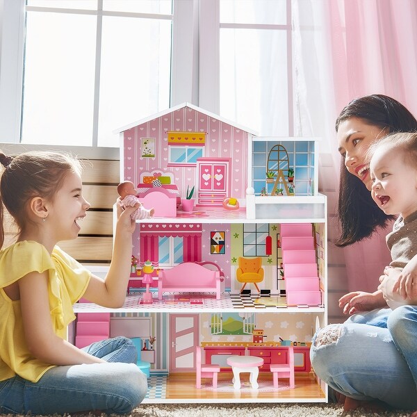 Kids Wooden Dollhouse Playset with 5 Simulated Rooms and 10 Pieces