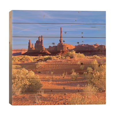 Totem Pole And Yei Bi Chei With Sand Dunes And Shrubs, Monument Valley, Arizona And Utah Border Print On Wood by Tim Fitzharris