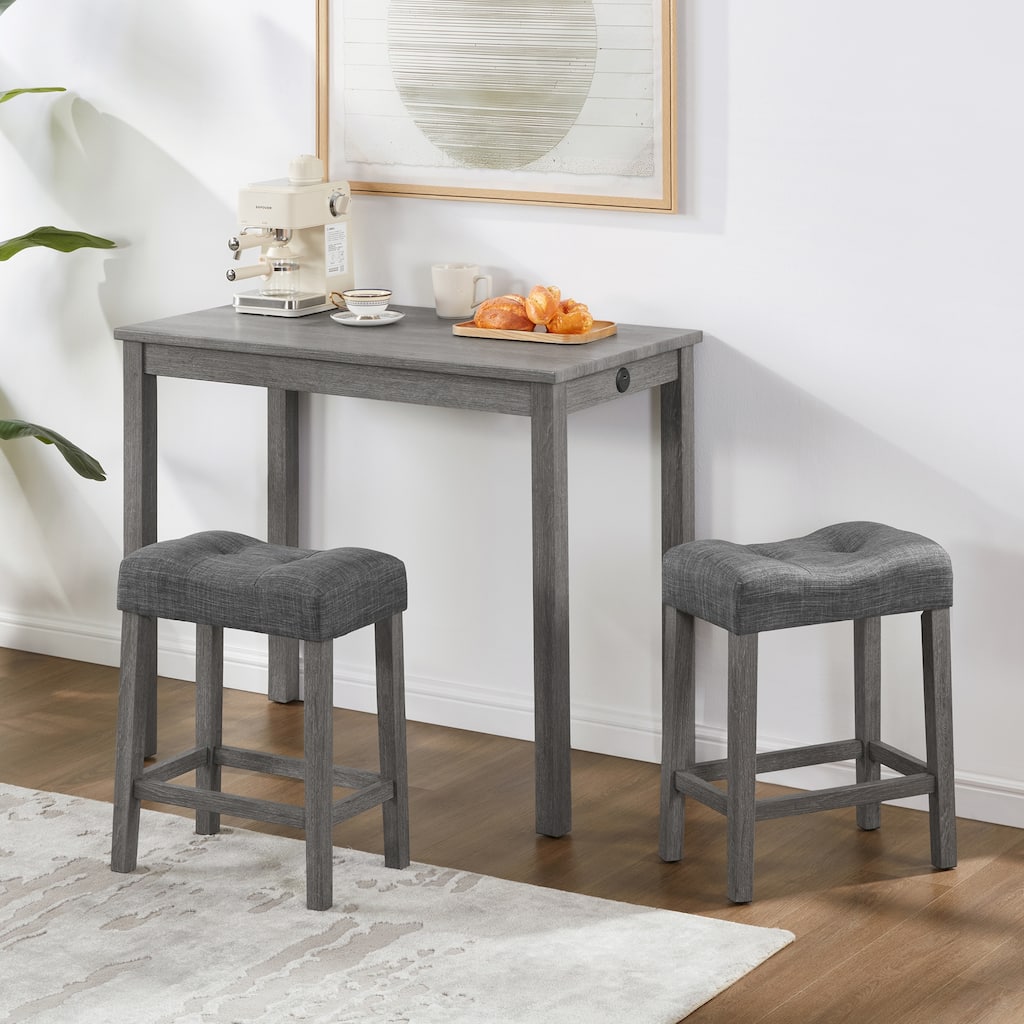 Modern 41.5"L Bar Table with Two 24"H Saddle Counter Stools and Built-in Power Outlets