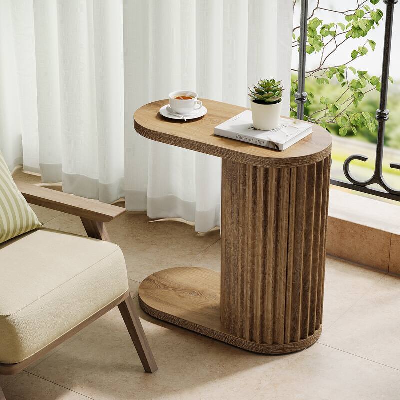 Fluted C-Shaped End Table, Modern Narrow Side Table - Brown