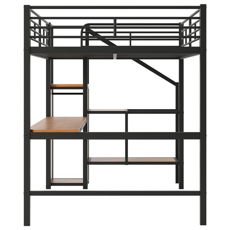 Full Size Metal Loft Bed with Desk, Storage Staircase, Wardrobe, and LED Light