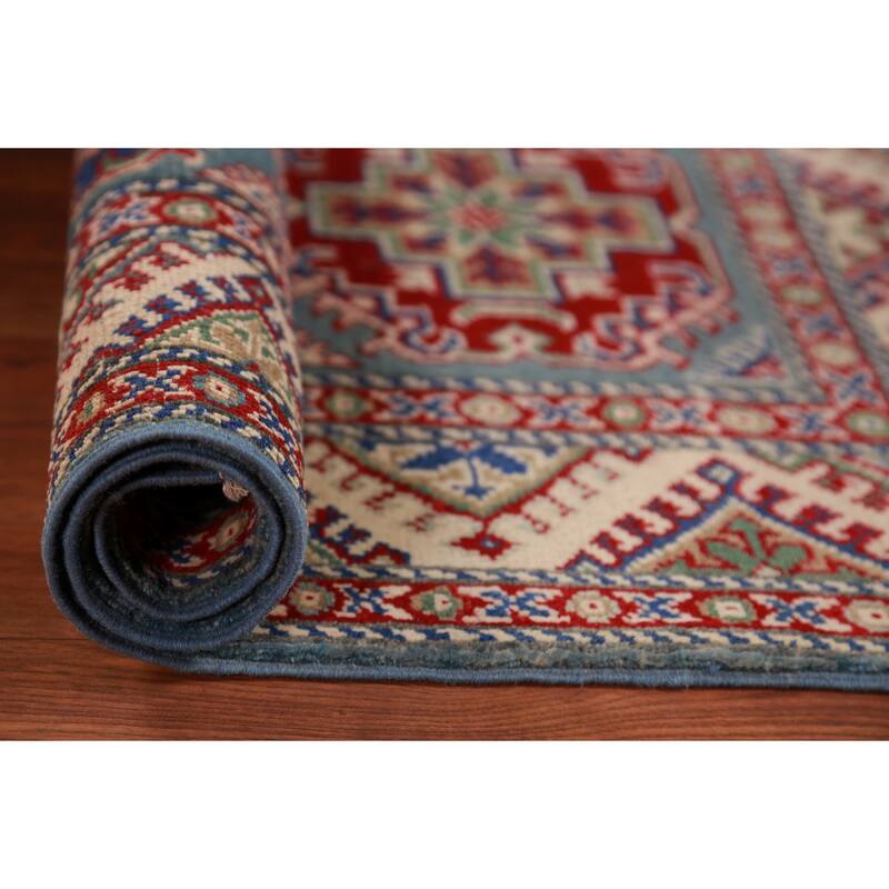 Geometric Blue Kazak Rug Hand-Knotted Accent Wool Carpet - 2'10"x 3'11"