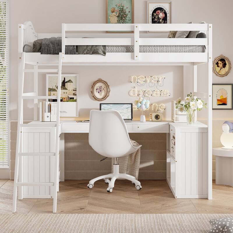 Roomfitters Twin Size Wooden Loft Bed with Desk, Cabinet, Shelves and Storage Drawers, White