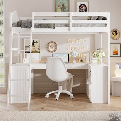 Wooden Kids Loft Bed with U Shaped Desk, Twin Size Storage Loft Bed with Drawers, Cabinet and Shelves, Solid Pine Loftbed Frame