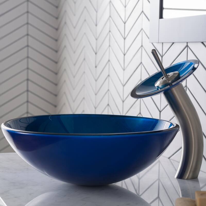 Kraus Bathroom Combo - 16-1/2" Irruption Blue Glass Vessel Bathroom