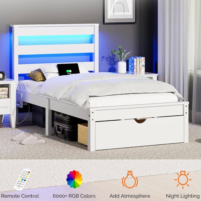 Twin Wood Bed Frame with Charging Station, Lighted Platform Bed, White
