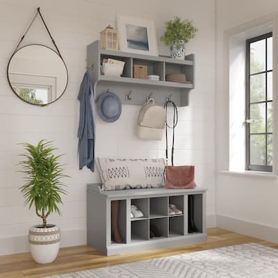 Woodland 40W Shoe Bench w/ Shelves & Wall Coat Rack by Bush Furniture