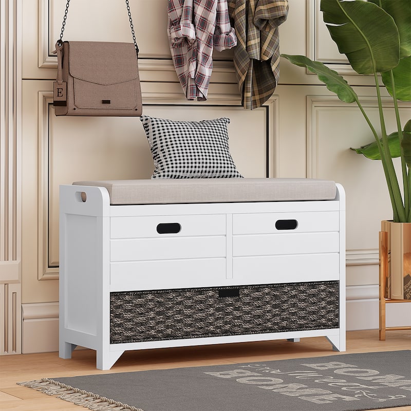 Storage Bench with Removable Basket and 2 Drawers - White