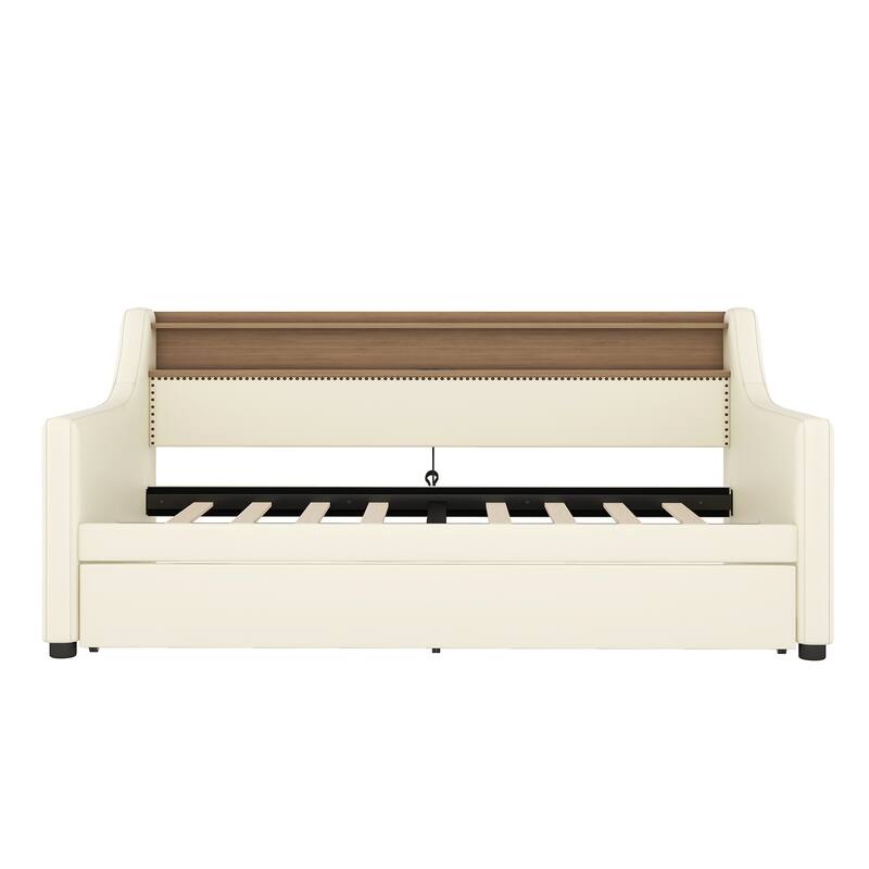 Twin Size Daybed with Trundle Bed, Upholstered Daybed with Charging Station and LED Lights