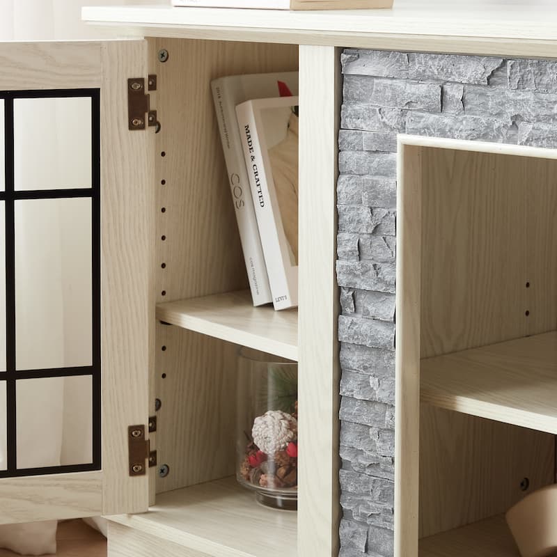 58" Modern TV Stand with Faux Stone Surround, Media Console Cabinet with 2 Doors and Shelves for TVs up to 75"