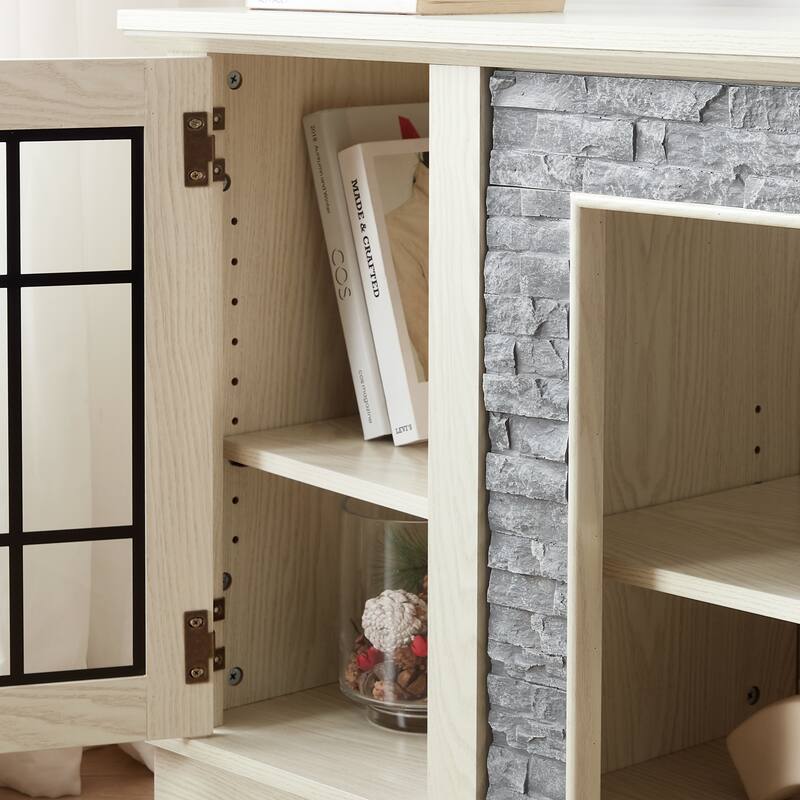 Modern TV Stand, Faux Stone Media Console Cabinet, Entertainment Center with 2-Door Storage, for Living Room, White