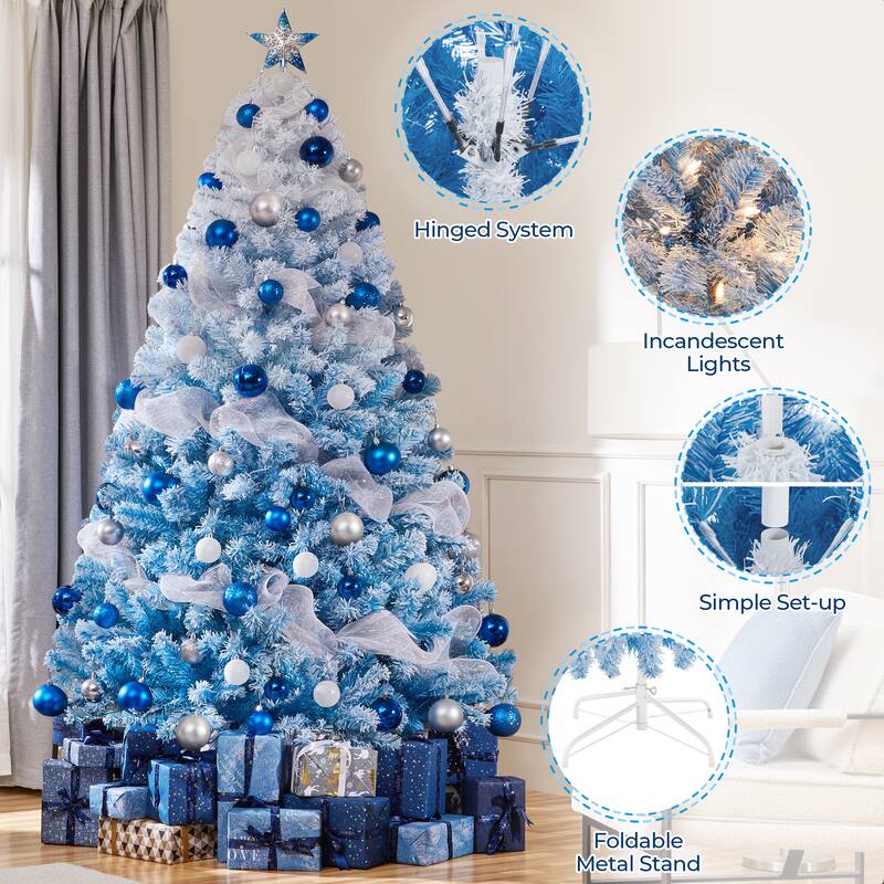 Yaheetech 4.5ft/6ft/7.5ft Pre-lit Flocked Artificial Christmas Tree with Incandescent Warm White Lights, Lake Blue Gradient