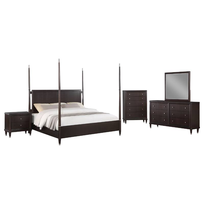 Amber 5pc Poster Queen Bed Set, Modern Dark Brown Wood, Dresser Chest
