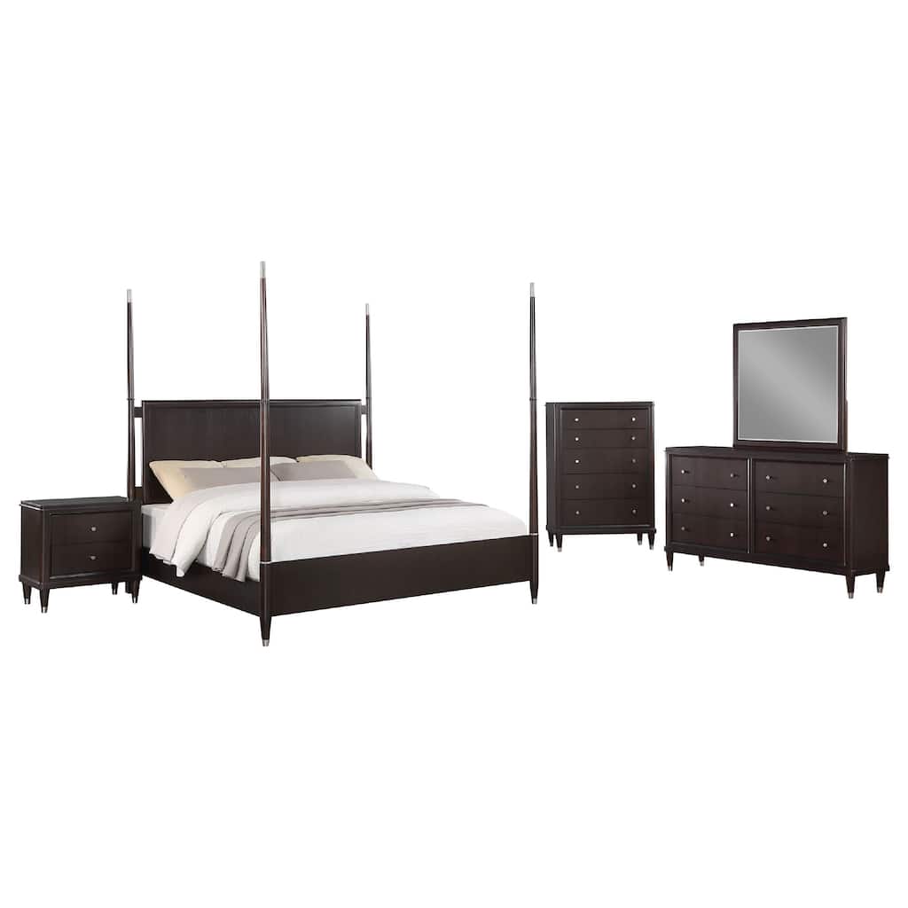 Amber 5pc Poster Queen Bed Set, Modern Dark Brown Wood, Dresser Chest