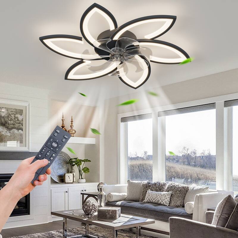 Indoor Flush Mount Ceiling Fan with Flower Shaped LED Light and Remote Control, Reversible Inverter Silent Copper Core Motor