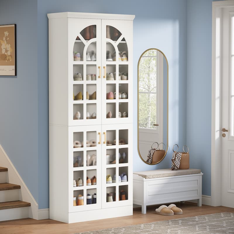 9-Tier Tall Shoe Storage Cabinet with Doors, Led Lights and Adjustable Shelves for Entryway, White