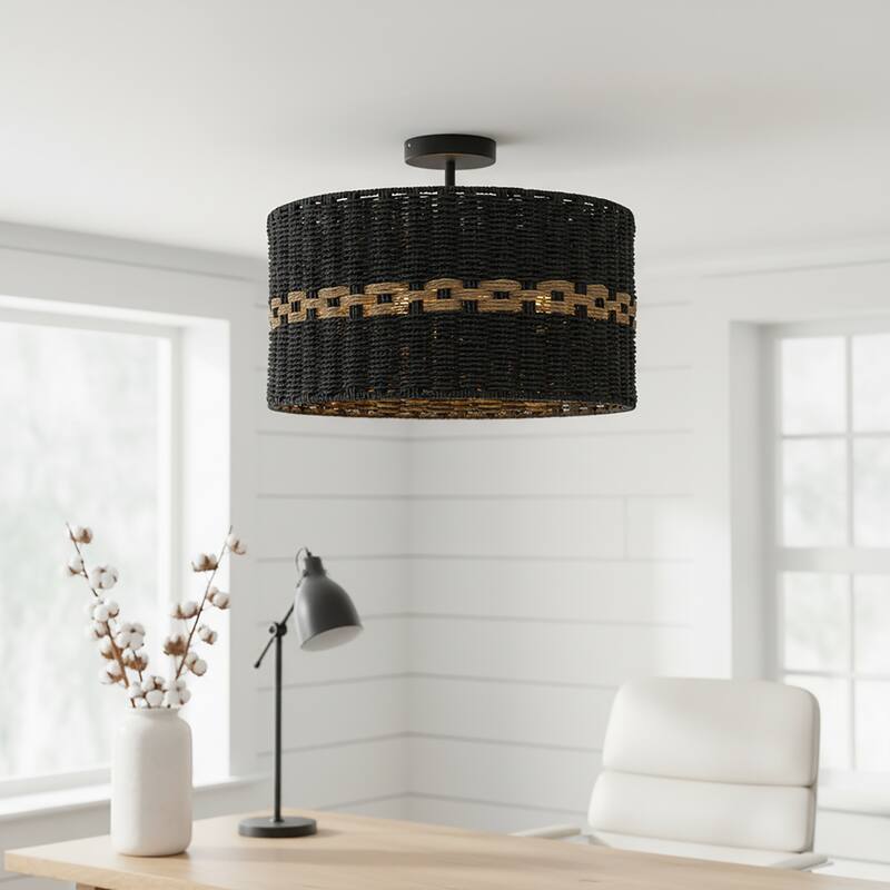 Kira 3-Light Rattan Rope Drum Pendant, Coastal Boho - Handwoven - 18" Wide