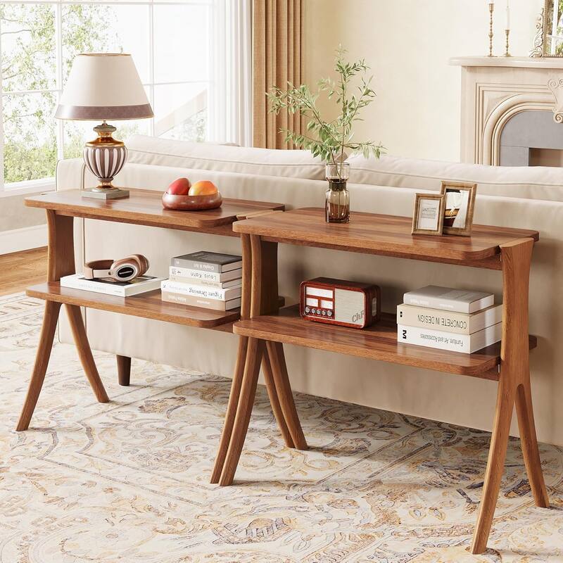 25.2"Narrow Side Table -2-Tier Small Farmhouse End Table with Solid Wood Legs, Space-Saving Furniture with Storage Shelf