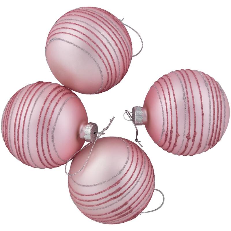 Glitter Striped Glass Christmas Ball Ornaments - 3" (80mm) - Pink - 4ct