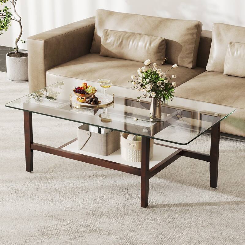 Gymax 2-Tier Glass Coffee Table w/ Storage Shelf Solid Rubber Wood