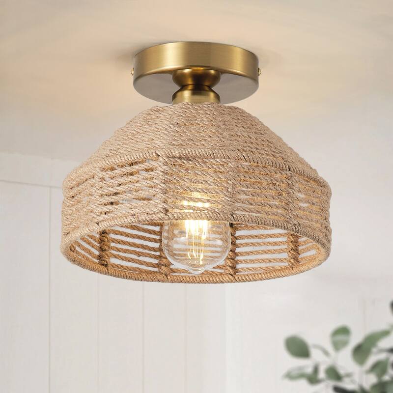 Farmhouse 1-Light Handmade Hemp Rope Weaving Semi Flush Mount Ceiling Light