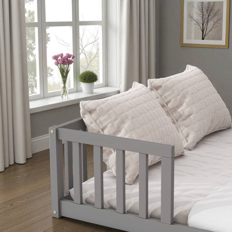 Twin/Full Size Wooden Floor Bed with Bedside Bookcase and Shelves, Low Platform Bed with Guardrails