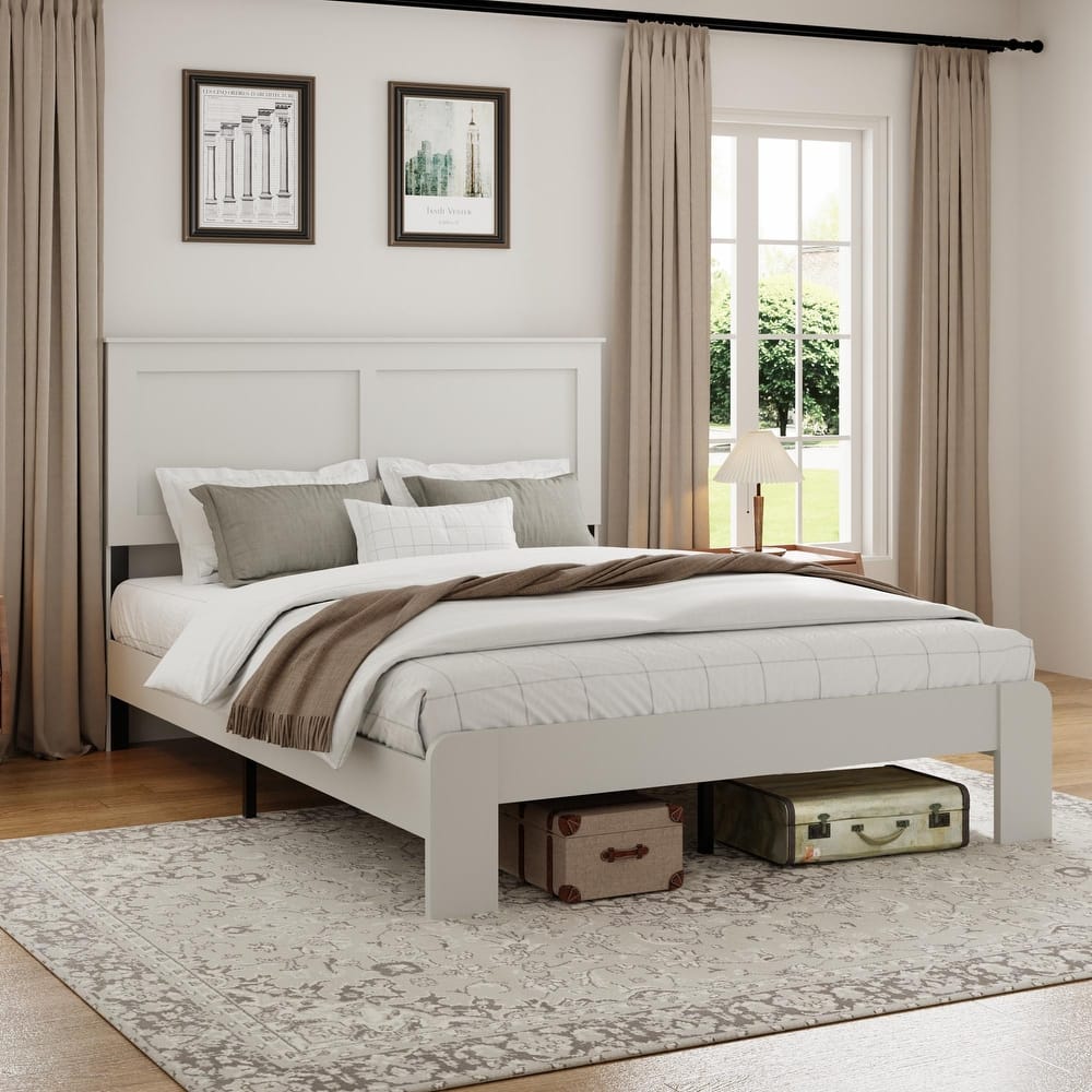 Wooden Platform Bed Frame with High Headboard, Wood Slats and Metal Legs Support, No Box Spring Needed Low Profile Bed Frame