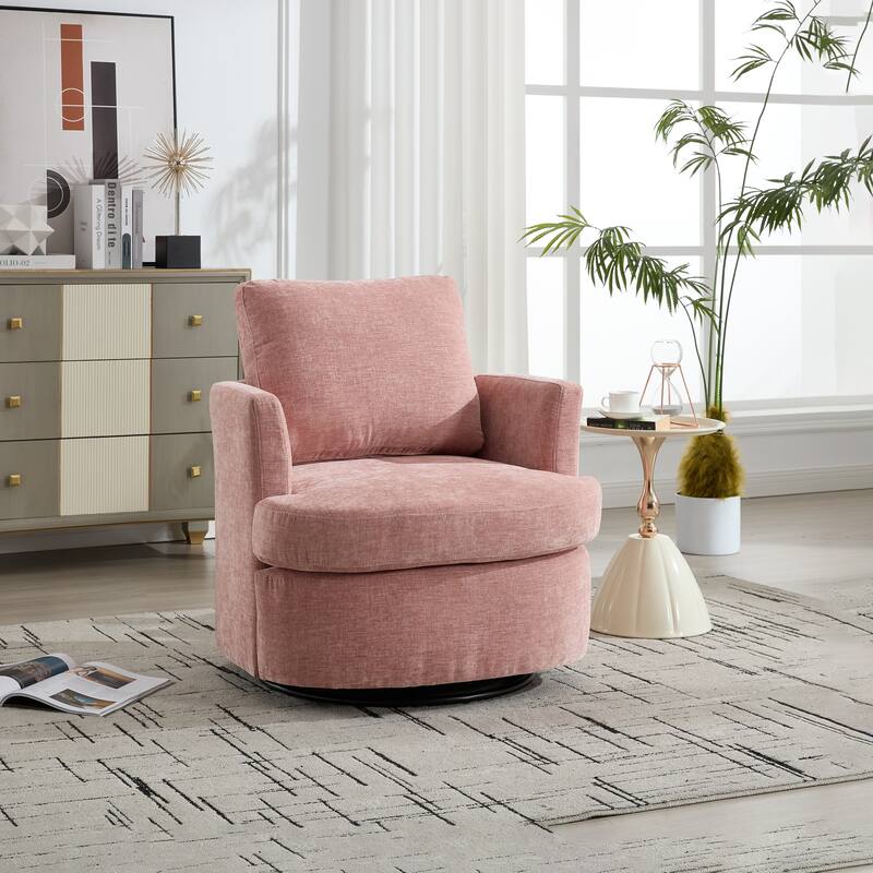 Upholstered Swivel Chair with Metal Base, Chenille Fabric Accent Chair with Curved Back, Living Room Single Sofa