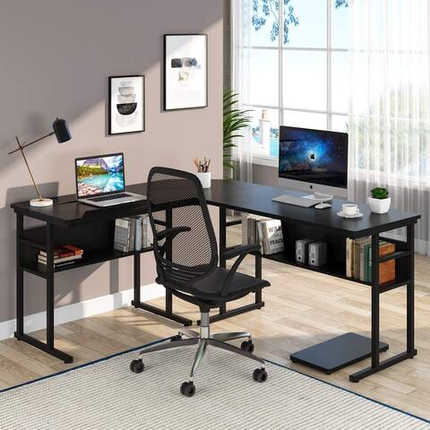 67 inch L-Shaped Desk with Storage Shelves Corner Desk Drafting Table