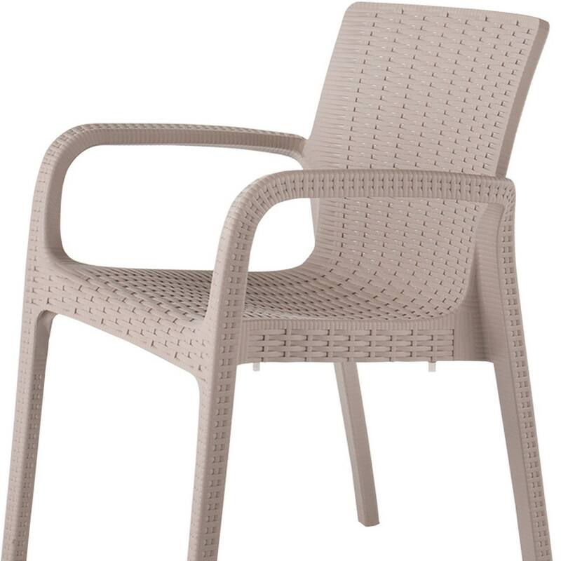 HomeRoots Set of Two Taupe Faux Rattan Heavy Duty Plastic Outdoor Stacking Arm Chairs