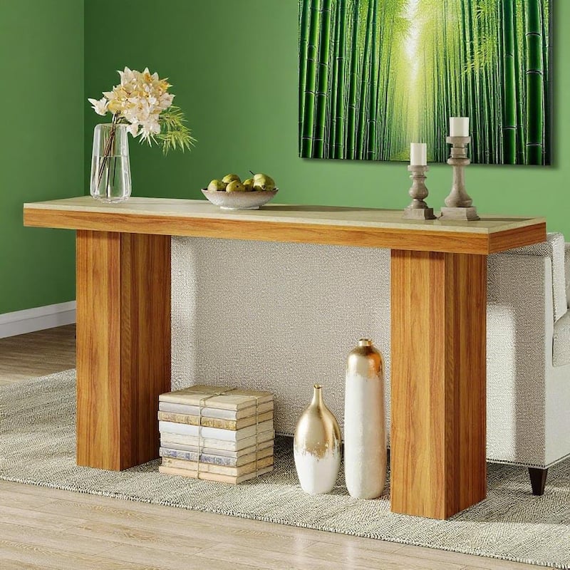 Brown Engineered Wood Console Table with Farmhouse Design and Storage - 62.9” L x 19.6” W x 41.3” H