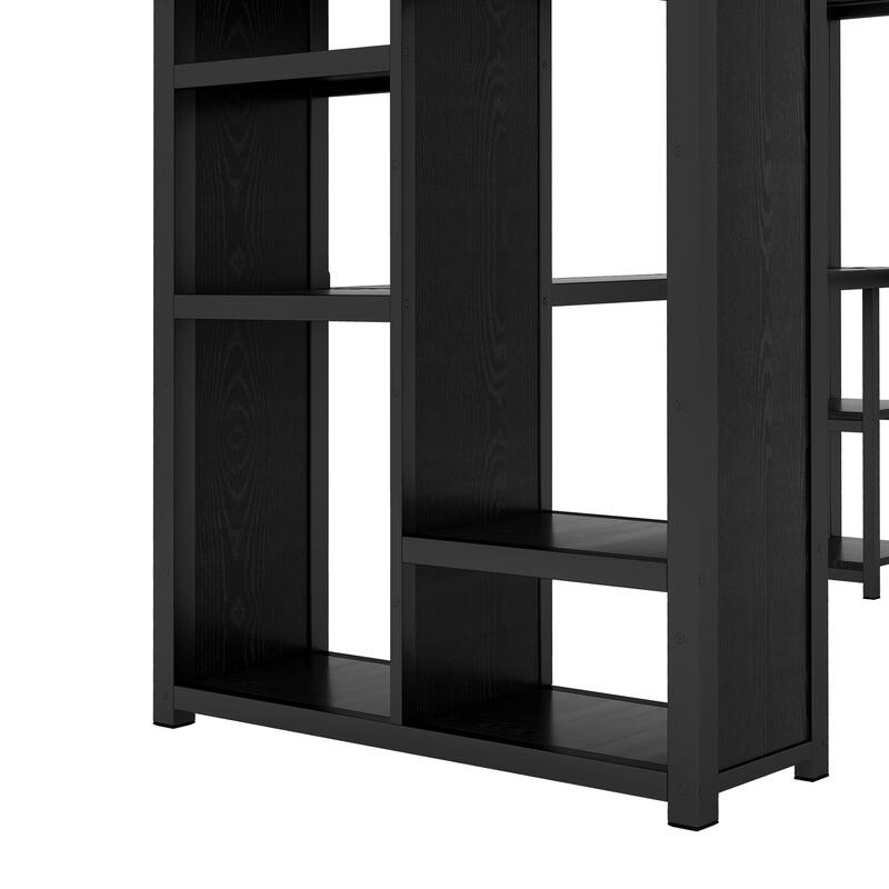 Roomfitters Twin/Full Metal Loft Bed Frame with Built-in Wardrobe, Desk & Storage Shelves, Space-Saving Design, Black