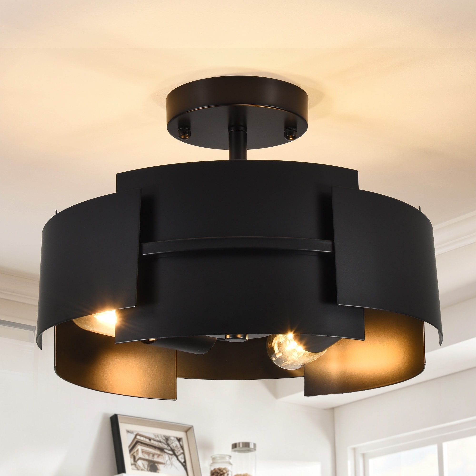 12'' Black Semi Flush Mount Ceiling Light, 3-Light Large Industrial Ceiling Light Fixture for Living Room Kitchen Island