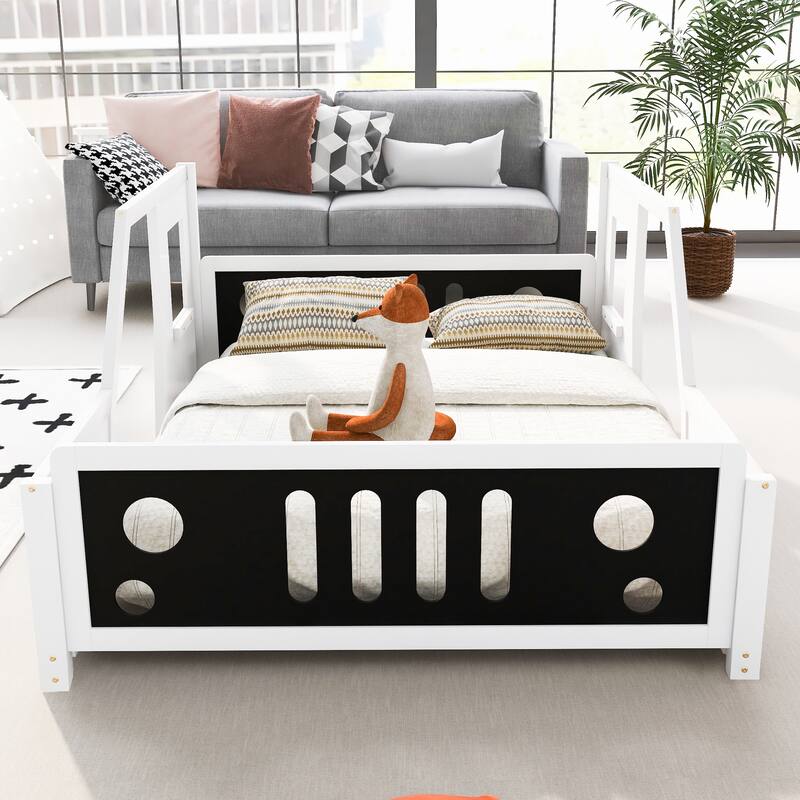Full Size Classic Car-Shaped Wooden Platform Bed Frame with Wheels, Windows, Fun and Playful Design for Kids, for Bedroom