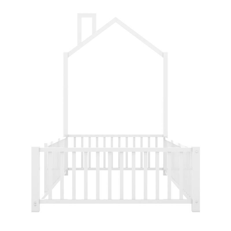 Twin Size Metal House Platform Bed with Guardrail and Chimney, White