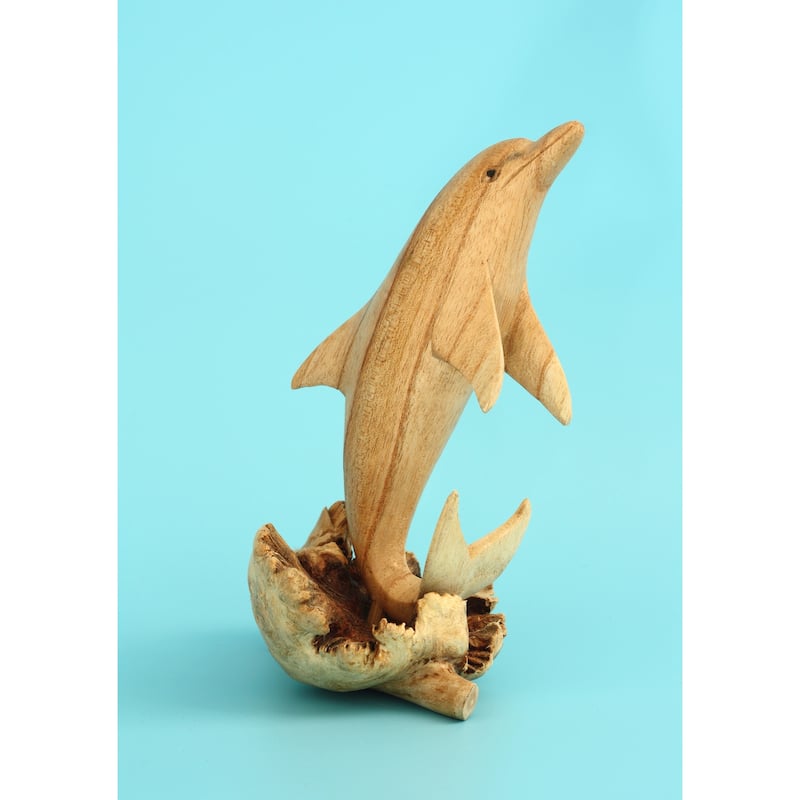 Wooden Hand Carved Single Dolphin Statue Sculpture Wood Home Decor Figurine Handcrafted Handmade Seaside Tropical